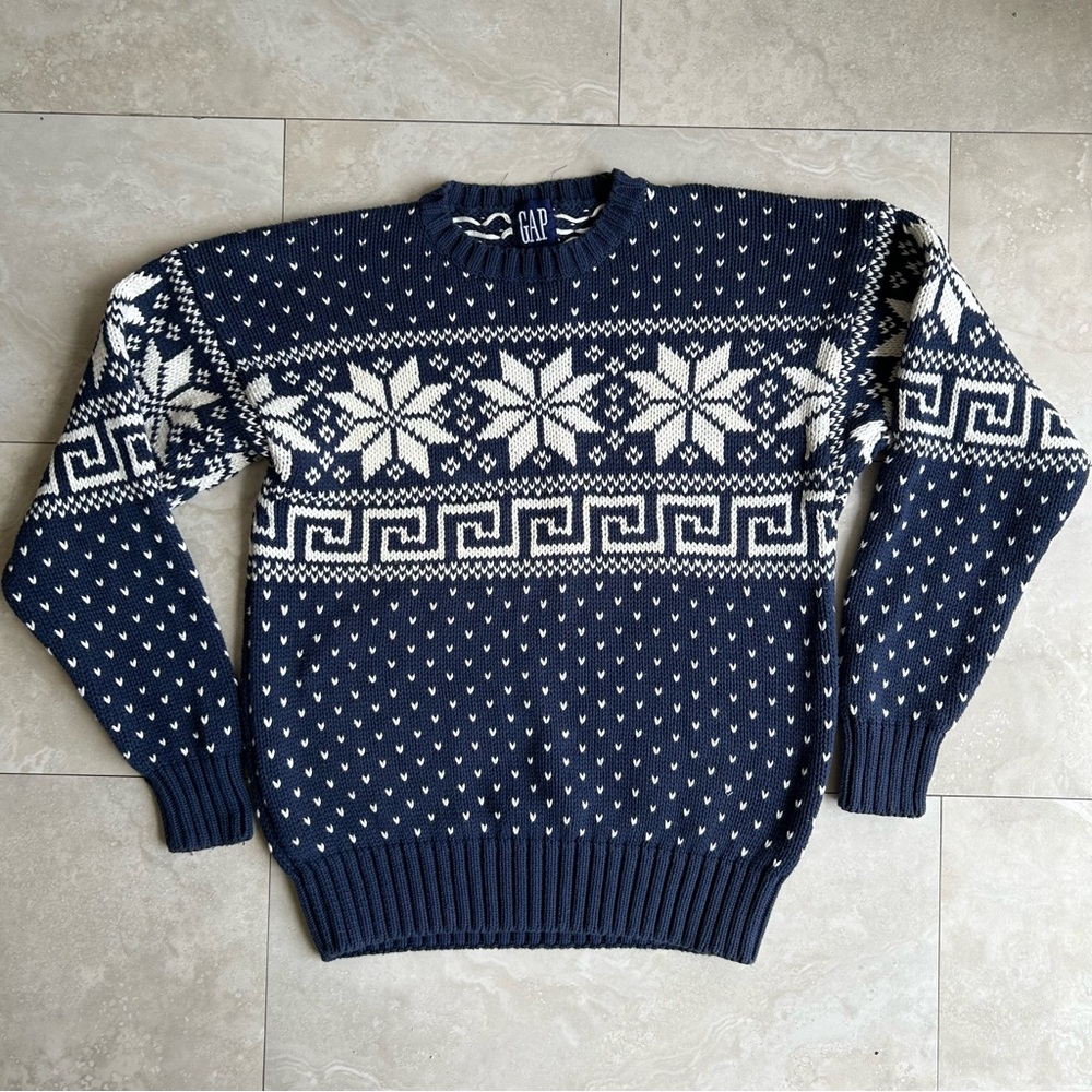 Vintage 90s GAP Winter Jumper Sweatshirt Snowflake Pattern Thick Weave Blue